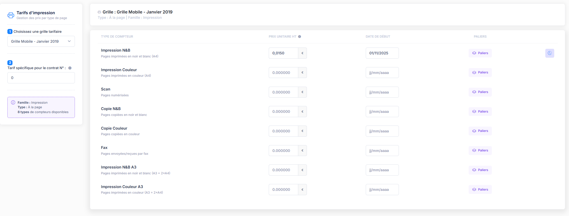 Grille tarifaire impression xcelere - Configuration des tarifs copie/fax