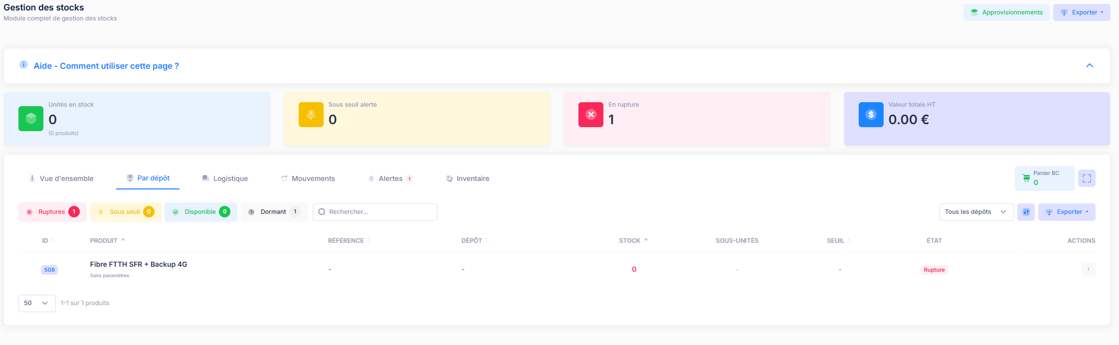 Module Stocks xcelere - Interface principale de gestion des stocks