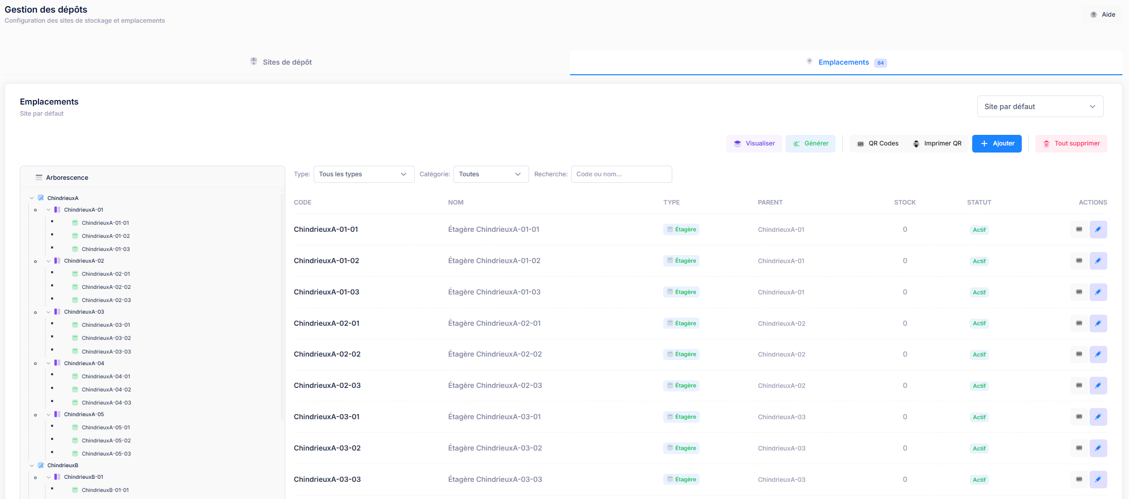 Visualisation WMS xcelere - Arborescence de l'entrepôt