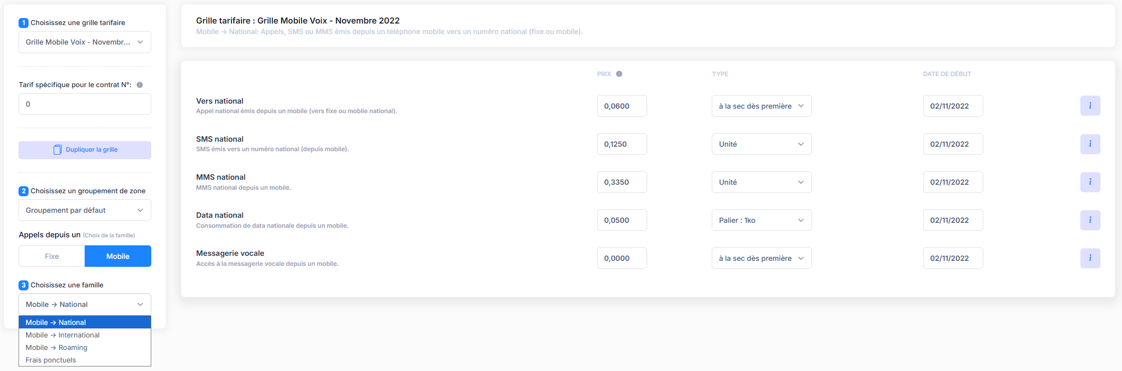 Grille tarifaire CDR xcelere - Configuration des tarifs par zone et pays
